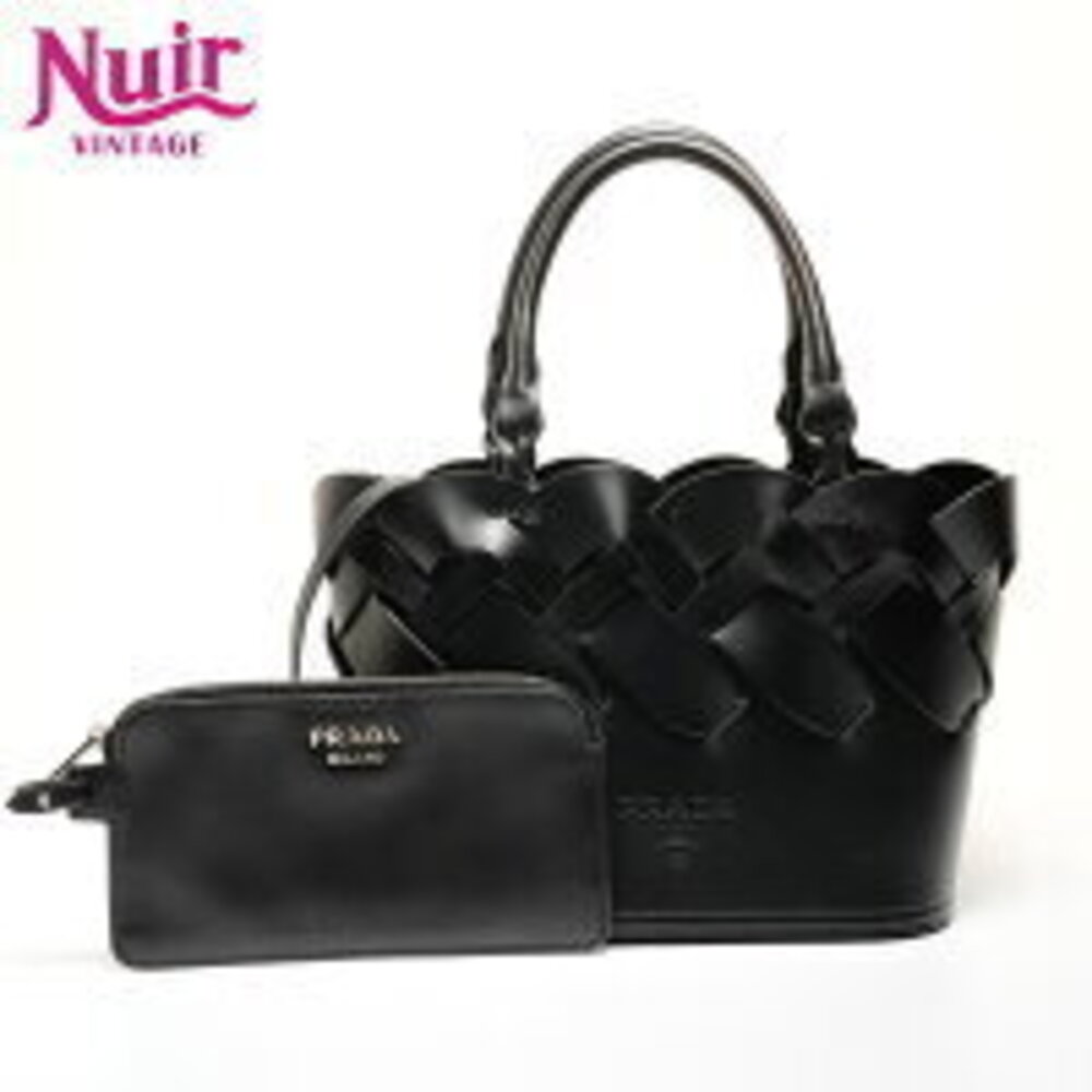 Prada Vitello Intreccio Woven Leather Handbag Black